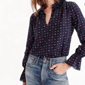 J Crew Silk Navy Blue Novelty Lips Kisses V Neck Blouse Size 8 Tall